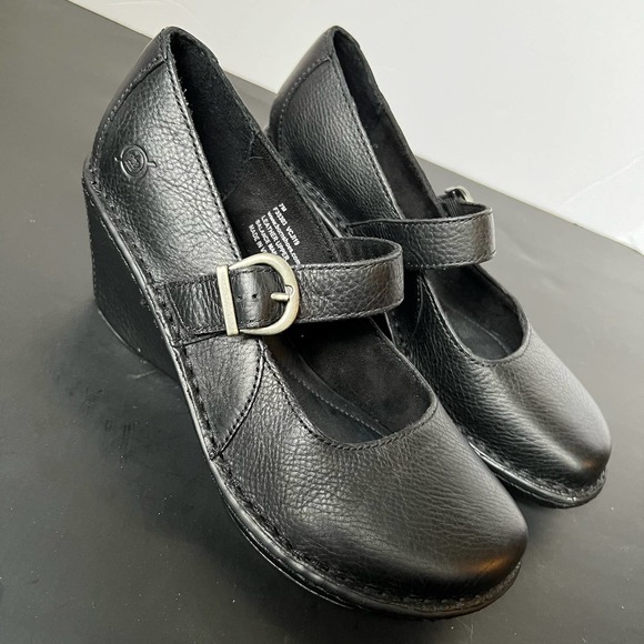 Born Shoes - New! Born Black Platform Wedge Mary Janes Pebbled Leather Heels Clogs Womens 7